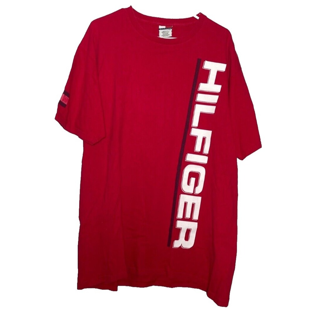 VTG Tommy Hilfiger Shirt Men's Large‎ Red Spellout Logo Preppy Hip Hop USA